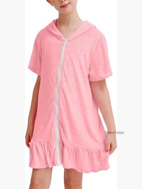 Girls Hooded Zip-Up Swim Cover Up Terry Ruffle Short Sleeve